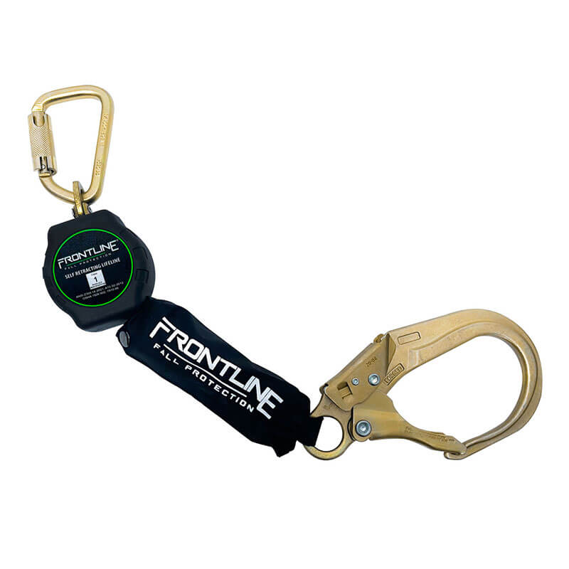 The Frontline Fall Protection Aramid Fiber Web SRL features a durable aramid line and a steel rebar hook end for enhanced safety, combining strength and reliability in fall protection.