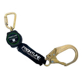 The Frontline Fall Protection Aramid Fiber Web SRL features a durable aramid line and a steel rebar hook end for enhanced safety, combining strength and reliability in fall protection.