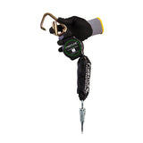 A gloved hand holds a Frontline Fall Protection Aramid Fiber Web SRL with a steel snap hook and black shock-absorbing cover, offering added strength and safety.