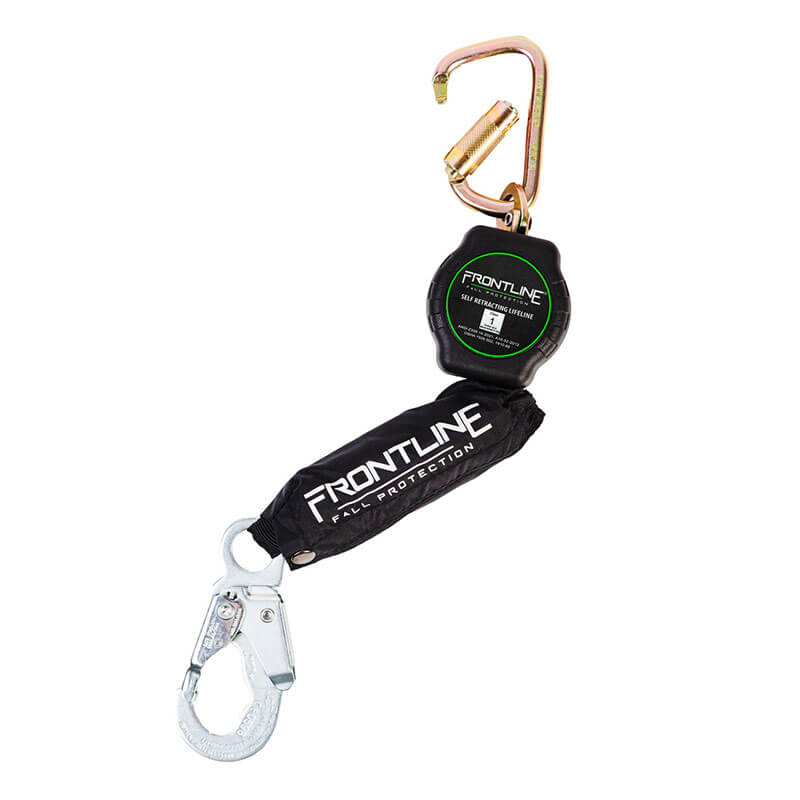The Frontline Aramid Fiber Web SRL w/Steel Snap Hook End by Frontline Fall Protection is a black self-retracting lifeline with a gold carabiner and silver snap hook, designed for safety harness systems and optimal fall protection.