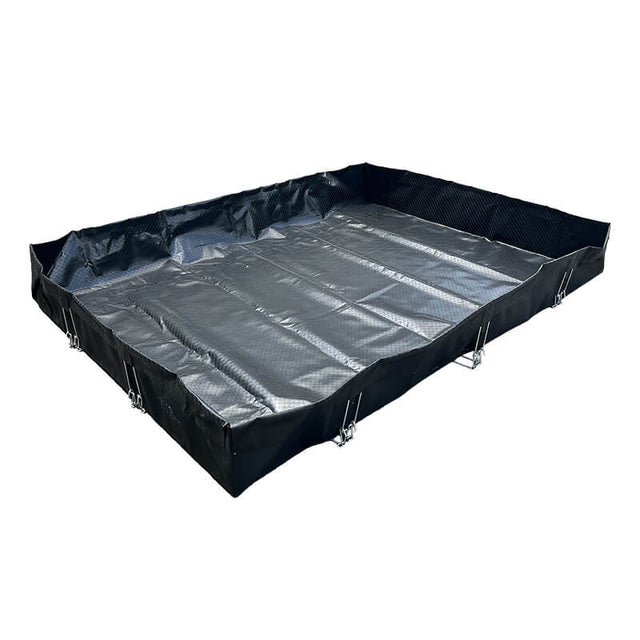 The UltraTech Concrete Washout Berms - RPE Model by UltraTech is a large, black rectangular berm with raised edges and corner supports, made of reinforced polyethylene for waterproof and durable slurry or concrete washout containment.