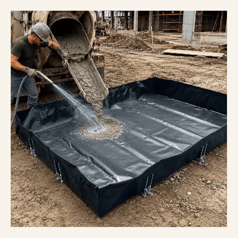 A construction worker directs wet concrete from a truck into an UltraTech Concrete Washout Berms - RPE Model by UltraTech, a reinforced polyethylene rectangular berm set on dirt at a construction site for safe slurry containment.