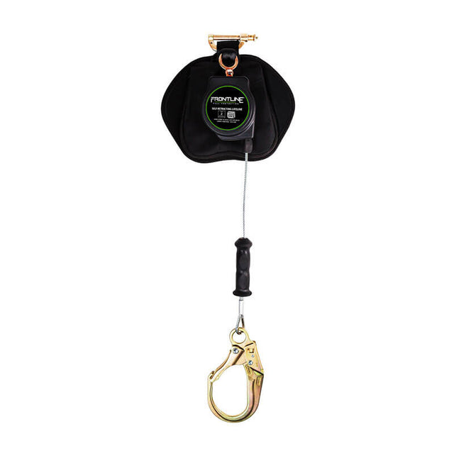 The Frontline Leading Edge Cable Leg 8' SRL by Frontline Fall Protection features a black protective casing, green and black label, silver cable, mid-handle, and a metal rebar hook for reliable fall protection safety.