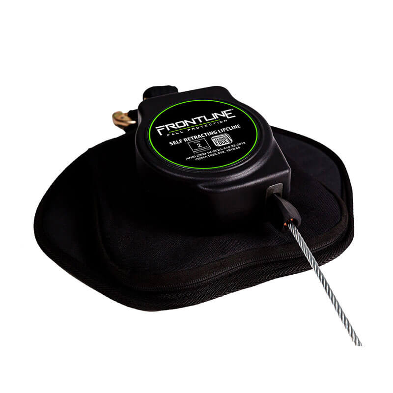 The Frontline Leading Edge Cable Leg 8' SRL by Frontline Fall Protection features a steel cable and rebar hook, shown here in black with its carrying case—perfect for advanced fall protection needs.