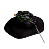 The Frontline Leading Edge Cable Leg 8' SRL by Frontline Fall Protection features a steel cable and rebar hook, shown here in black with its carrying case—perfect for advanced fall protection needs.