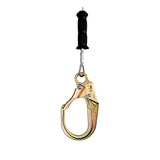 The Frontline Leading Edge Cable Leg 8' SRL by Frontline Fall Protection features a gold-colored rebar hook with safety latch and a black plastic finger-grip handle, ideal for fall protection in leading edge SRL applications.