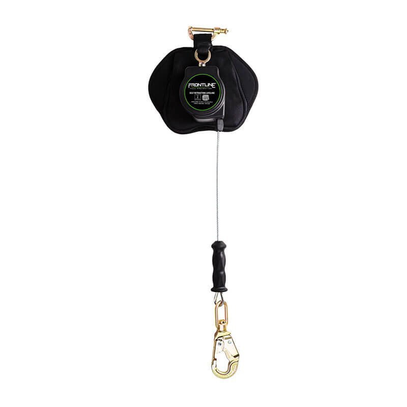 The Frontline Leading Edge Cable Leg 8' SRL by Frontline Fall Protection features a rebar hook, black protective casing, and handle—engineered for dependable fall protection on construction and industrial job sites.