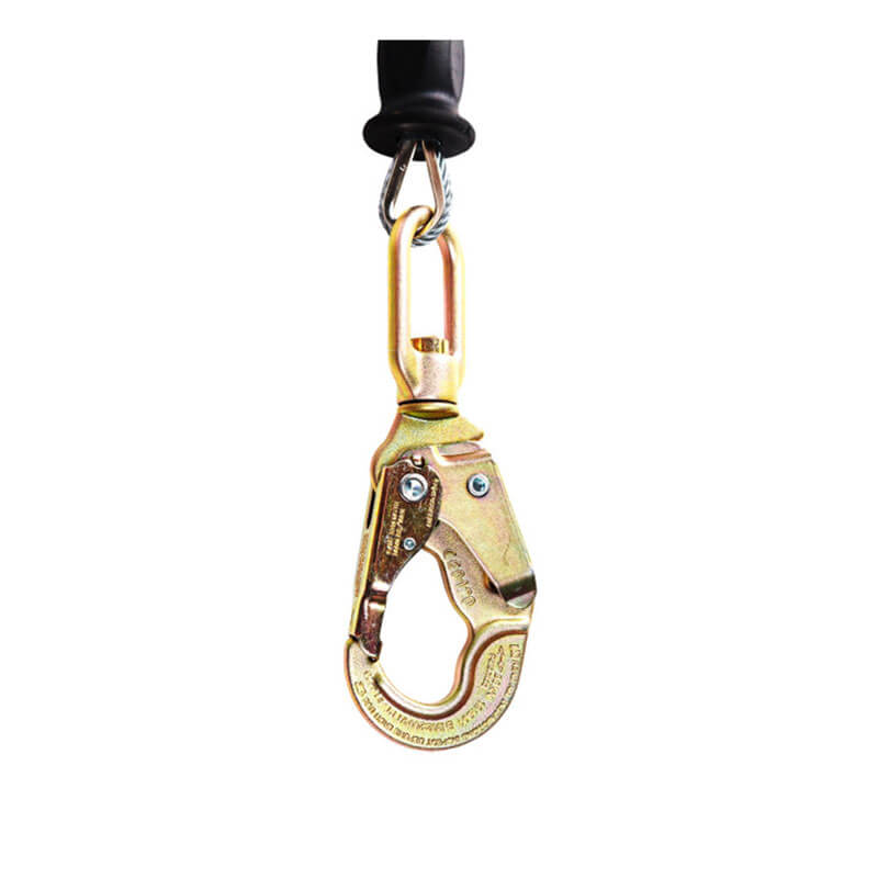 The Frontline Leading Edge Cable Leg 8' SRL by Frontline Fall Protection features a gold rebar hook with a spring-loaded clasp on a wire loop and black cord, designed for fall protection, shown against a white background.