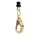 The Frontline Leading Edge Cable Leg 8' SRL by Frontline Fall Protection features a gold rebar hook with a spring-loaded clasp on a wire loop and black cord, designed for fall protection, shown against a white background.