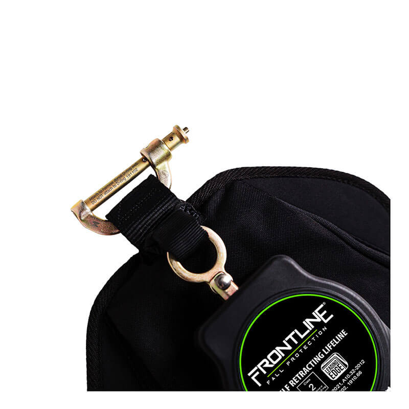 Close-up of the Frontline Leading Edge Cable Leg 8' SRL by Frontline Fall Protection, clipped to a black fabric loop with a gold carabiner, providing essential fall protection. The label displays "FRONTLINE" with safety info below.