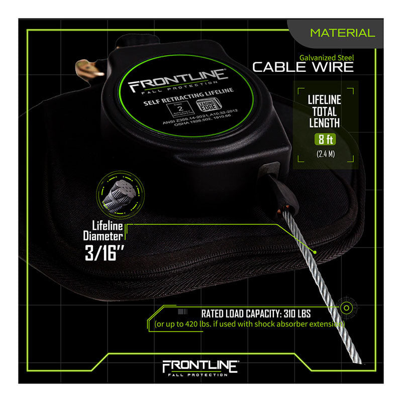 The Frontline Leading Edge Cable Leg 8' SRL by Frontline Fall Protection is a black self-retracting lifeline with an 8 ft, 3/16" steel cable, rebar hook, and 310 lb capacity. Product details are displayed in green text.