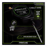 The Frontline Leading Edge Cable Leg 8' SRL by Frontline Fall Protection is a black self-retracting lifeline with an 8 ft, 3/16" steel cable, rebar hook, and 310 lb capacity. Product details are displayed in green text.