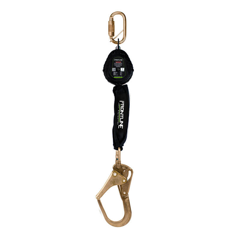The Frontline Web Single Leg 6' SRL with Steel Hook End by Frontline Fall Protection features lightweight webbing, a metal carabiner, a protective "Frontline" sleeve, and a large steel hook for reliable fall protection.