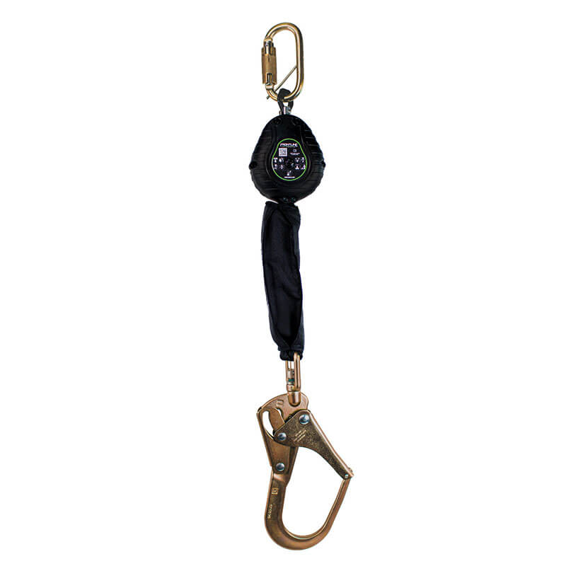The Frontline Fall Protection Web Single Leg 6' SRL with Steel Hook End is a black self-retracting lifeline with lightweight webbing, designed for reliable fall protection in construction or industrial environments.