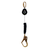The Frontline Fall Protection Web Single Leg 6' SRL with Steel Hook End features a lightweight webbing, steel hook, durable black housing, and carabiner for secure attachment—ideal for fall protection in safety harness systems.