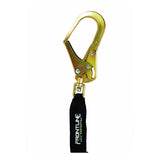 The Frontline Web Single Leg 6' SRL with Steel Hook End by Frontline Fall Protection features a gold steel safety hook attached to a black lightweight lanyard, with "FRONTLINE FALL PROTECTION" in white text. The product is shown on a white background.