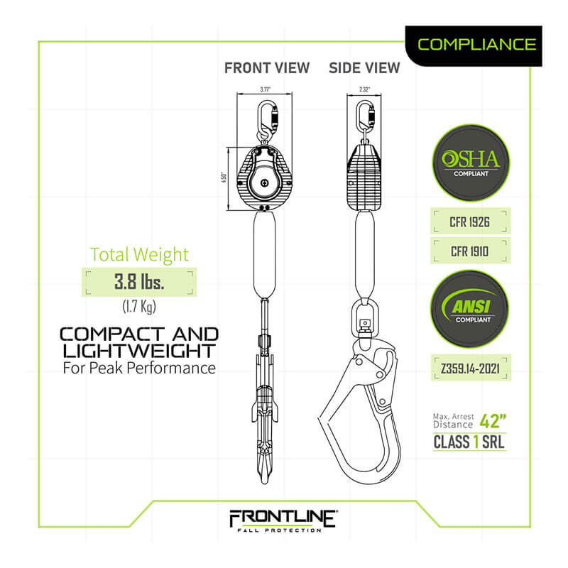 Technical diagram of the Frontline Web Single Leg 6' SRL with Steel Hook End by Frontline Fall Protection, showing front/side views, carabiner, OSHA/ANSI badges. Weight: 3.8 lbs (1.7 kg). Max arrest distance: 42 inches.
