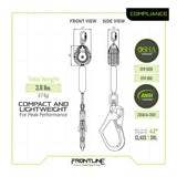 Technical diagram of the Frontline Web Single Leg 6' SRL with Steel Hook End by Frontline Fall Protection, showing front/side views, carabiner, OSHA/ANSI badges. Weight: 3.8 lbs (1.7 kg). Max arrest distance: 42 inches.