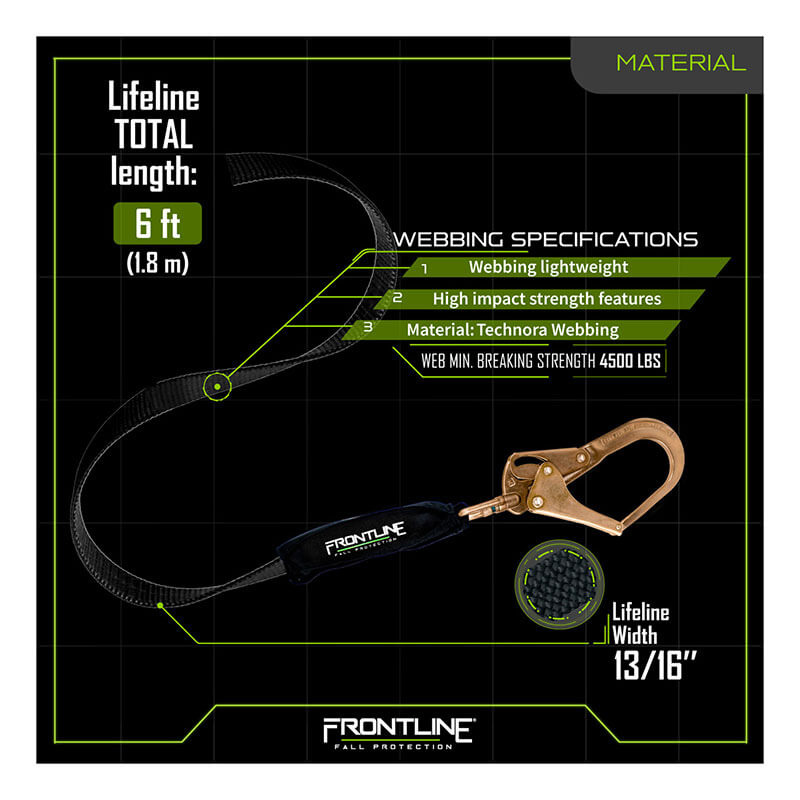 The Frontline Web Single Leg 6' SRL with Steel Hook End by Frontline Fall Protection features lightweight Technora webbing, 13/16" width, high impact strength, and a 4500 lbs breaking strength—ideal for reliable fall protection.