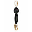The Frontline Fall Protection Web Single Leg 6' SRL with Steel Hook features lightweight black webbing, a gold carabiner, and a large steel safety hook—ideal for fall protection in construction or industrial environments.