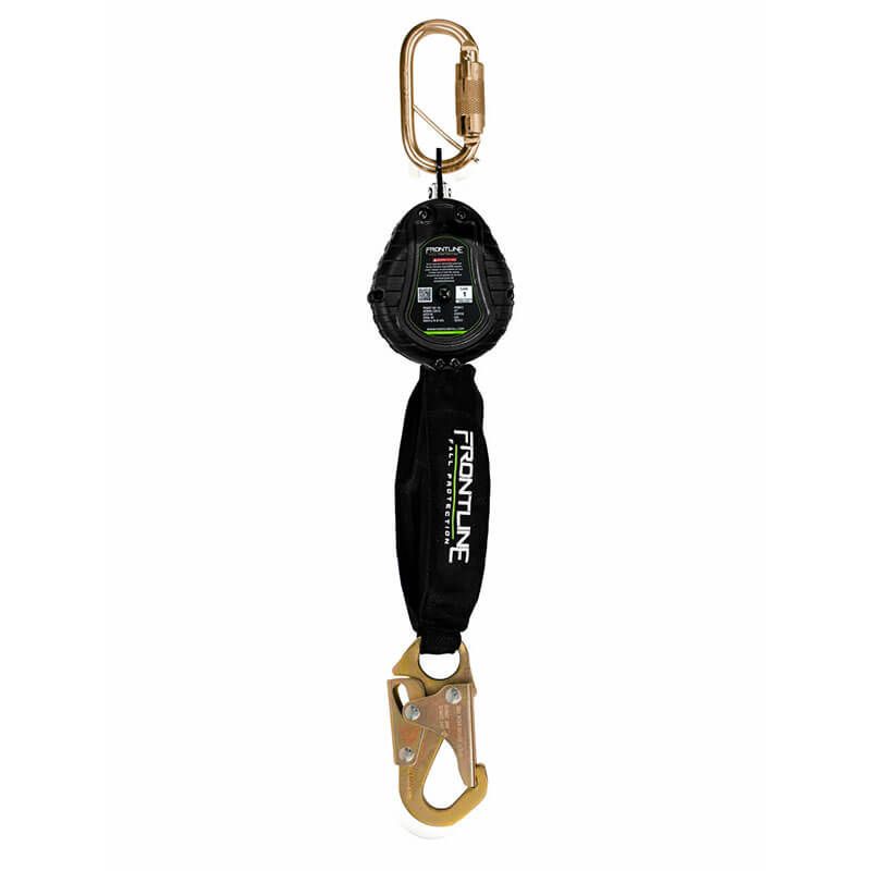 The Frontline Fall Protection Web Single Leg 6' SRL with Steel Hook features lightweight black webbing, a gold carabiner, and a large steel safety hook—ideal for fall protection in construction or industrial environments.