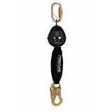 The Frontline Fall Protection Web Single Leg 6' SRL with Steel Hook features lightweight black webbing, a gold carabiner, and a large steel safety hook—ideal for fall protection in construction or industrial environments.
