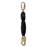 The Frontline Web Single Leg 6' SRL with Steel Hook End by Frontline Fall Protection features lightweight black webbing, a gold carabiner at the top, and a large gold snap hook for dependable fall protection on industrial or construction sites.
