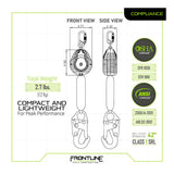 Technical illustration of the compact Frontline Web Single Leg 6' SRL with Steel Hook End, showing front and side views; weighs 2.7 lbs (1.2 kg), features lightweight webbing, meets OSHA/ANSI, 42" max arrest distance. Labeled “COMPLIANCE” and “Frontline Fall Protection.”.