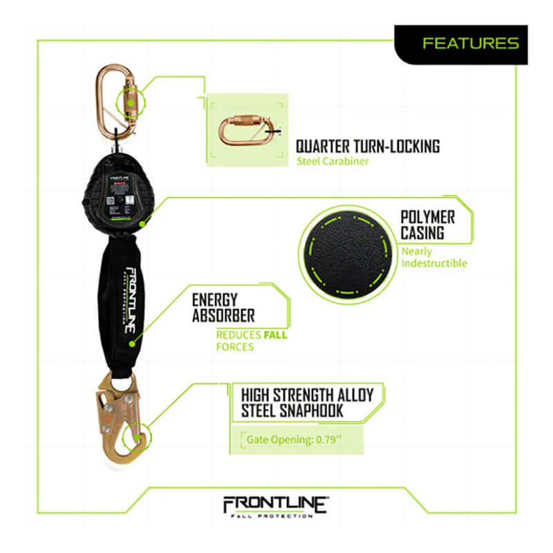 Image of the Frontline Fall Protection Web Single Leg 6' SRL with Steel Hook End, featuring a quarter turn-locking steel carabiner, tough polymer casing, energy absorber for reduced fall forces, and high-strength alloy steel snaphook.