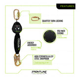 Image of the Frontline Fall Protection Web Single Leg 6' SRL with Steel Hook End, featuring a quarter turn-locking steel carabiner, tough polymer casing, energy absorber for reduced fall forces, and high-strength alloy steel snaphook.