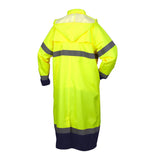The Pyramex Safety Premium Hi-vis Rainwear Coat RRWC3110 is displayed from the back, showcasing its bright yellow color, reflective stripes around the arms and waist, a hood, and black cuffs.
