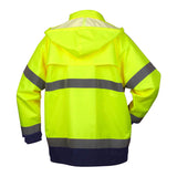The Pyramex Safety Premium Hi-vis Rainwear Jacket RRWJ3110 is a vibrant yellow rain jacket with reflective silver stripes on the arms and torso. This hooded safety jacket offers both high visibility and waterproof protection. It is designed with black cuffs and a black lower edge, as displayed in the image showing its back.