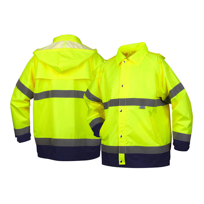 Two Pyramex Premium Hi-vis Rainwear Jackets RRWJ3110, in bright yellow with reflective gray stripes, are displayed. One waterproof jacket is shown from the back and the other from the front, both featuring black cuffs and hem.