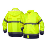 Two Pyramex Premium Hi-vis Rainwear Jackets RRWJ3110, in bright yellow with reflective gray stripes, are displayed. One waterproof jacket is shown from the back and the other from the front, both featuring black cuffs and hem.