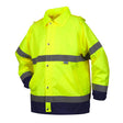 Introducing the Pyramex Premium Hi-vis Rainwear Jacket RRWJ3110 by Pyramex Safety, a waterproof jacket in vibrant yellow with reflective silver stripes across the chest and sleeves. It features a collared neckline and black cuffs for added functionality.