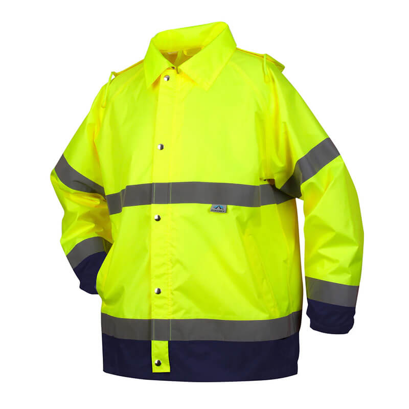 Introducing the Pyramex Premium Hi-vis Rainwear Jacket RRWJ3110 by Pyramex Safety, a waterproof jacket in vibrant yellow with reflective silver stripes across the chest and sleeves. It features a collared neckline and black cuffs for added functionality.