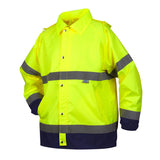 Introducing the Pyramex Premium Hi-vis Rainwear Jacket RRWJ3110 by Pyramex Safety, a waterproof jacket in vibrant yellow with reflective silver stripes across the chest and sleeves. It features a collared neckline and black cuffs for added functionality.