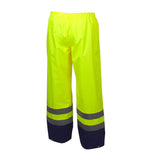 The Pyramex Premium Hi-vis Rainwear Pants by Pyramex Safety come in a bright yellow color and include waterproof pants featuring reflective gray and black stripes around the lower legs. An elastic waistband ensures comfort while enhancing visibility, making these pants ideal for safety or work settings.