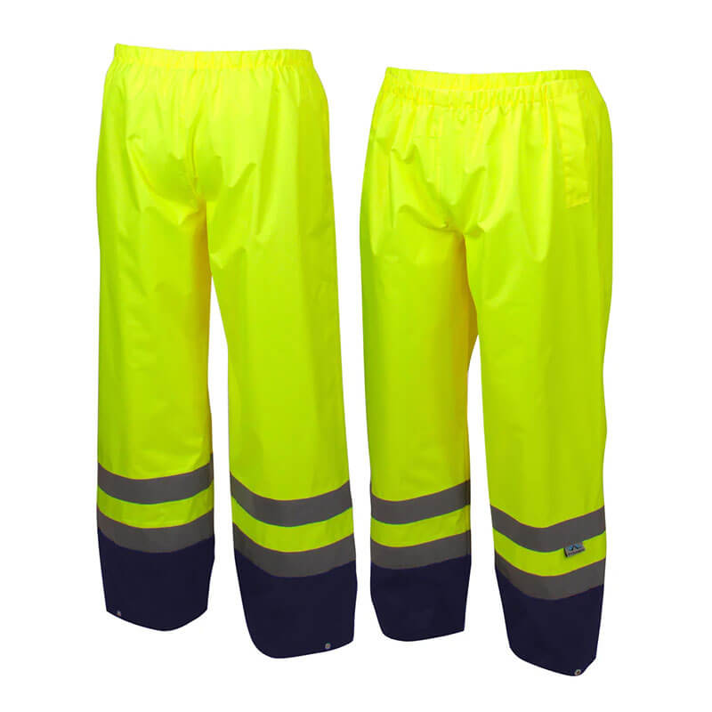Two pairs of Pyramex Premium Hi-vis Rainwear Pants by Pyramex Safety in bright yellow with reflective stripes near the bottom. These waterproof pants have elastic waistbands and black sections at the ankles, displayed on a white background.

