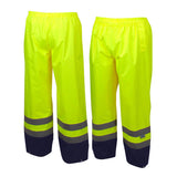 Two pairs of Pyramex Premium Hi-vis Rainwear Pants by Pyramex Safety in bright yellow with reflective stripes near the bottom. These waterproof pants have elastic waistbands and black sections at the ankles, displayed on a white background.
