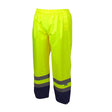 The Pyramex Premium Hi-vis Rainwear Pants by Pyramex Safety come in a vibrant yellow color and feature reflective stripes along with black bands around the lower legs, ensuring high visibility and safety during rainy conditions.