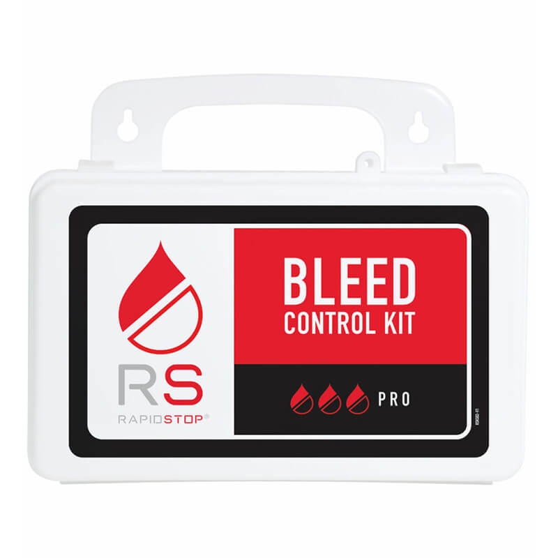 The Aero Healthcare RAPIDSTOP Bleed Control Kit EMS Pro is a white plastic case with red and black accents and a droplet symbol, designed for emergency hemorrhage control and includes essential items like the RapidStop tourniquet.