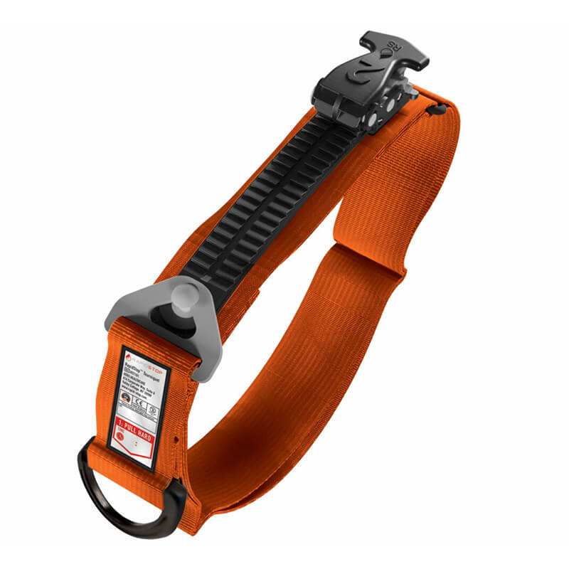 The Aero Healthcare RAPIDSTOP Bleed Control Kit EMS Pro includes an orange safety strap with a black adjustable buckle, metal D-ring, and attached safety label—ideal for bleed control, fall protection, or use in climbing harnesses.