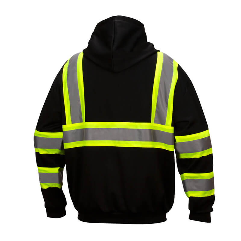 The Pyramex Enhanced Visibility Sweatshirt RSZH3411 by Pyramex Safety features a back view with reflective yellow and gray stripes creating a harness-like pattern on the shoulders and waist, plus horizontal accents on the sleeves for high visibility.
