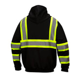 The Pyramex Enhanced Visibility Sweatshirt RSZH3411 by Pyramex Safety features a back view with reflective yellow and gray stripes creating a harness-like pattern on the shoulders and waist, plus horizontal accents on the sleeves for high visibility.