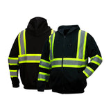 Two Pyramex Safety black hooded jackets with bright yellow reflective stripes, shown front and back, feature horizontal and vertical stripes for optimal visibility—a top choice in high visibility clothing. Product: Pyramex Enhanced Visibility Sweatshirt RSZH3411.