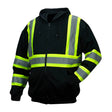 The Pyramex Safety Enhanced Visibility Sweatshirt RSZH3411 combines practicality with style, featuring yellow and gray reflective stripes, a front zipper, two pockets, and a drawstring hood for optimal visibility and comfort in any environment.