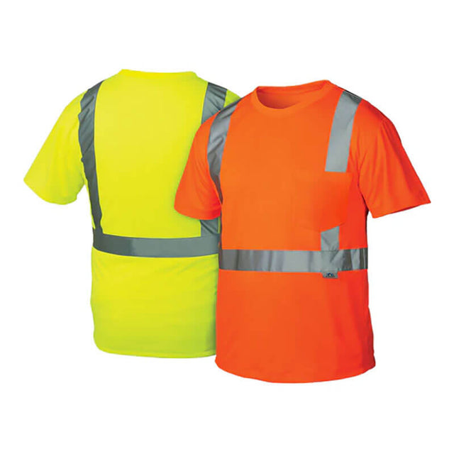 The Pyramex RTS21 Type R - Class 2 Hi-Vis T-Shirts by Pyramex Safety, in neon yellow and orange, feature reflective silver stripes, moisture-wicking fabric, and meet ANSI/ISEA 107-2015 standards for visibility and comfort.