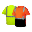 Two Pyramex Safety RTS21B Series Hi-Vis T-shirts: one neon yellow and one bright orange, each with black bottom, chest pocket, and reflective stripes. Both meet ANSI/ISEA 107-2015 standards and are shown from different angles.