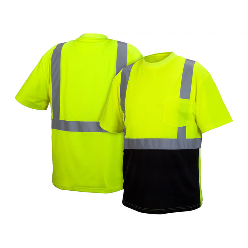The Pyramex RTS21B Series Hi-Vis shirts by Pyramex Safety are short-sleeved and feature bright yellow with reflective gray stripes. They have a black lower front and a full yellow and gray pattern on the back, offering moisture-wicking technology for enhanced comfort.